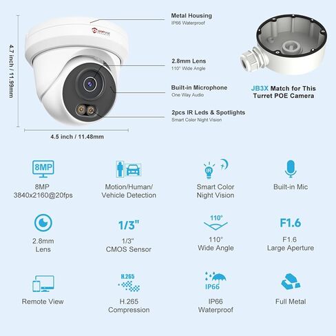 كاميرا Anpviz 4K 8MP PoE، كاميرا IP Turret Security في الهواء الطلق، اكتشاف المركبات البشرية بالذكاء الاصطناعي، رؤية ليلية ذكية مزدوجة الألوان 100 قدم، ميكروفون مدمج، IP66 مقاوم للماء، معدن كامل، متوافق مع NDAA (سلسلة U) in Kuwait