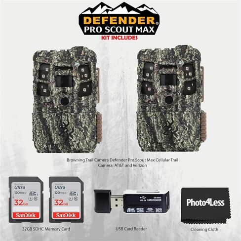 كاميرا Browning Trail Camera Defender Pro Scout Max Cellular Trail، حزمة من قطعتين من AT&T وVerizon، حزمة مع بطاقة ذاكرة SDHC سعة 2 × 32 جيجابايت، وقارئ بطاقة USB SD عالي السرعة in Saudi Arabia