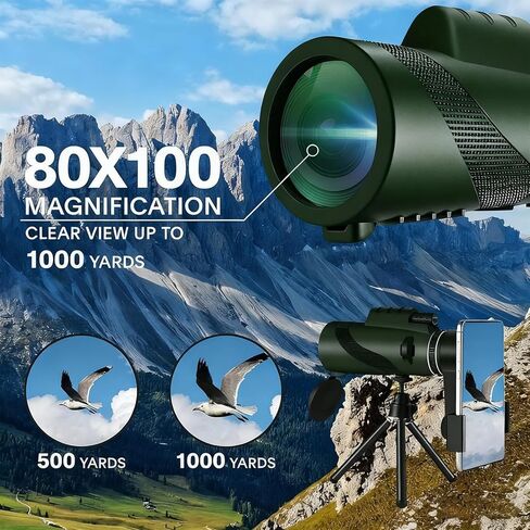 80x100 Monocular Telescope, High Definition Monocular for Adults with BAK4 Prism & FMC Lens, HD Monocular Scope for Birdwatching, Hiking, Concert, Travelling, Green in Saudi Arabia