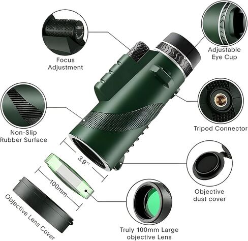 80x100 Monocular Telescope, High Definition Monocular for Adults with BAK4 Prism & FMC Lens, HD Monocular Scope for Birdwatching, Hiking, Concert, Travelling, Green in Saudi Arabia