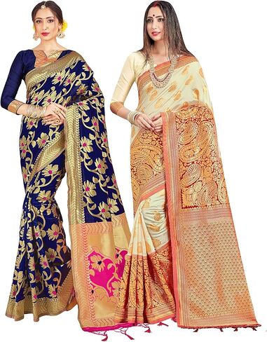 Elina Fashion Pack of اثنين من الساري للنساء Banarasi Art Silk Indiandiwali Sari || الزفاف العرقي هدية المنسوجة ساري التحرير والسرد in Saudi Arabia