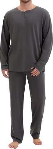 Mens Pajamas Set Comfy PJ مجموعات طويلة الأكمام بيجاماس قطن راجلان الأكمام 2 قطعة ملابس ليلية مع جيوب in Kuwait