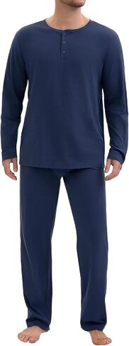 Mens Pajamas Set Comfy PJ مجموعات طويلة الأكمام بيجاماس قطن راجلان الأكمام 2 قطعة ملابس ليلية مع جيوب in Kuwait