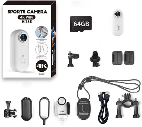 4K Mini Action Camera, Included 64GB, Wearable Camera with 360°Rotatable Clip & Magnetic Clip, for Lecture, Traveling, Pet Walking and Outdoors Activities JS-10B White in Kuwait