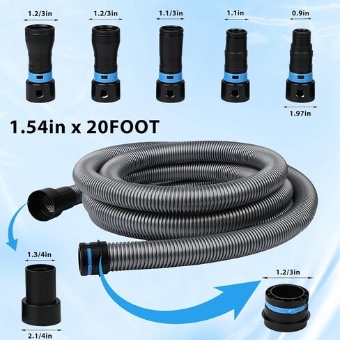 Qivine Shop Vac Hose 20FT, Wet/Dry Dust Collection Hose, Rigid Shop Vacuum Hose with 6 Adapters for Woodworking Power Tool & Sander, Compatible with Dewalt DW6182, Ridgid R8606B, Makita, Bosch in Saudi Arabia