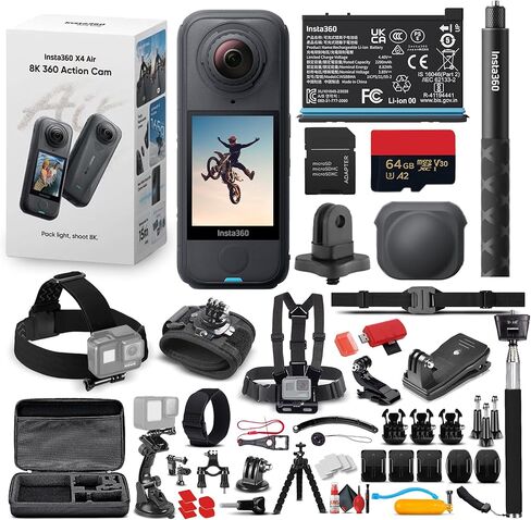 حزمة Insta360 X4 Air 360 Action Camera Starter (أسود) عدسة مزدوجة خفيفة الوزن مقاومة للماء 8K | نظام التثبيت للسفر وركوب الدراجات ومدونات الفيديو والرياضات الخارجية (CINSAAFA-SE03) + مجموعة 50 في 1 + المزيد in Kuwait
