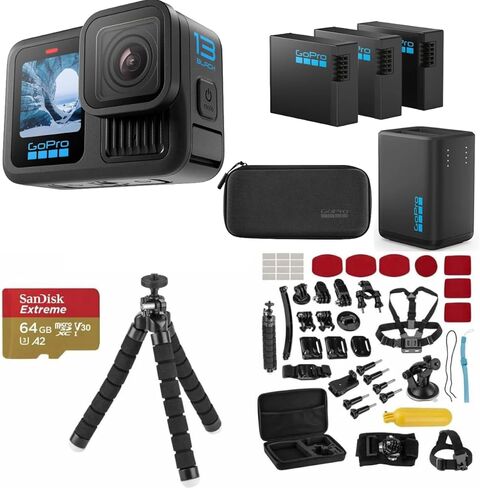 مجموعة كاميرا GoPro HERO13 Black Action مع 3 بطاريات Enduro، شاحن مزدوج، بطاقة microSD سعة 64 جيجابايت، مجموعة ملحقات - فيديو 5.3K Ultra HD، HyperSmooth 6.0، كاميرا مغامرات مقاومة للماء in Saudi Arabia