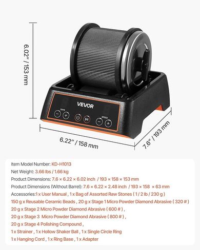 VEVOR Rock Tumbler، آلة تلميع الصخور بوزن 1 رطل، مجموعة أدوات تلميع الصخور مع تعديل 4 سرعات، مؤقت من 1 إلى 9 أيام، طقم تلميع الصخور بمحرك الدفع المباشر لكوارتز الورد، الجمشت، عملية هادئة in Kuwait
