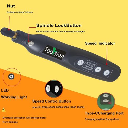 أداة دوارة صغيرة لاسلكية، 35 قطعة من الملحقات وشحن USB C، مجموعة أدوات دوارة حزمة بطارية قابلة لإعادة الشحن 3.7 فولت 2.0 أمبير، 5 سرعات للصنفرة والنقش والتلميع والقطع والحرف اليدوية، إلخ (أسود) in Kuwait