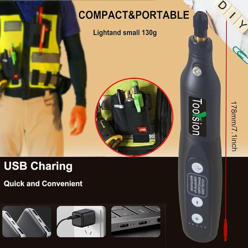 أداة دوارة صغيرة لاسلكية، 35 قطعة من الملحقات وشحن USB C، مجموعة أدوات دوارة حزمة بطارية قابلة لإعادة الشحن 3.7 فولت 2.0 أمبير، 5 سرعات للصنفرة والنقش والتلميع والقطع والحرف اليدوية، إلخ (أسود) in Kuwait