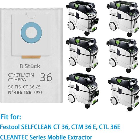 496186 ملحقات أكياس الغبار لـ Festool CT 36/CTM 36 E/CTL 36E CLEANTEC سلسلة شفاطات الغبار SC FIS-CT 36/5 أجزاء بديلة لحقيبة مرشح المكنسة الكهربائية، 8 عبوات in Kuwait