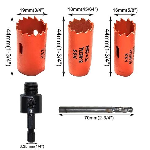 منشار ثقب للخشب 5/8 بوصة ~ 3/4 بوصة، قاطع ثقب ثنائي المعدن HSS للألواح الخشبية، البلاستيك، الحوائط الجافة، الألومنيوم، اللوح الجصي، الصفائح المعدنية الناعمة، PVC، اللوح الليفي، وأنابيب التهوية، محول ساق سداسية 1/4 بوصة in Kuwait