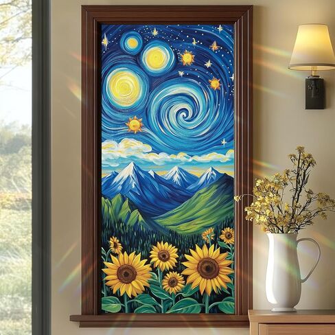Blue Iris Stained Glass Window Film 17.7 x 39.3 Inch Gothic Arch Floral Static Cling Privacy Window Sticker No Glue Reusable UV Protection Decorative Glass Door Bathroom Panel in Saudi Arabia