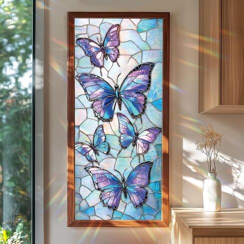 Blue Iris Stained Glass Window Film 17.7 x 39.3 Inch Gothic Arch Floral Static Cling Privacy Window Sticker No Glue Reusable UV Protection Decorative Glass Door Bathroom Panel in Saudi Arabia
