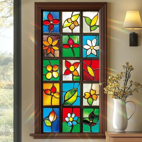 Blue Iris Stained Glass Window Film 17.7 x 39.3 Inch Gothic Arch Floral Static Cling Privacy Window Sticker No Glue Reusable UV Protection Decorative Glass Door Bathroom Panel in Saudi Arabia