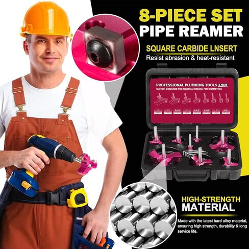 8Pcs PVC Pipe Reamer Kit – Tungsten Carbide Triple Blades（ 6x Faster Reaming）– For 3/4", 1", 1-1/4", 1-1/2", 2", 2-1/2", 3", 4" Pipes – Works with 1/2" Drill –With Box – Professional Plumbing Tool in Saudi Arabia