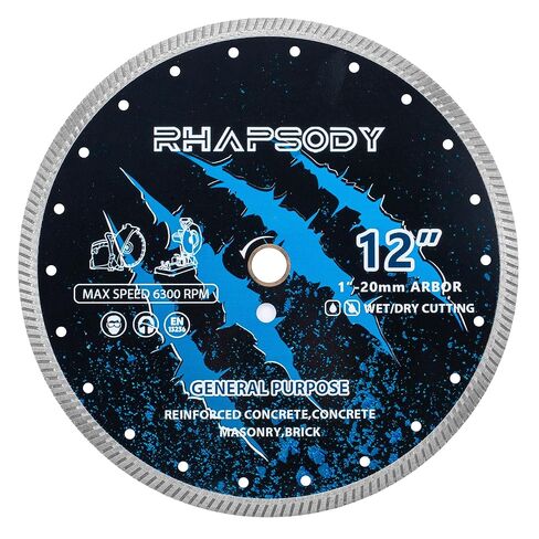 RHAPSODY 12 بوصة شفرة منشار الماس، حافة توربو مستمرة شفرة للأغراض العامة قطع الخرسانة الجافة/الرطبة، الخرسانة المسلحة، البناء، الطوب، الكتلة، الحجر 7/8"-5/8" أربور in Kuwait