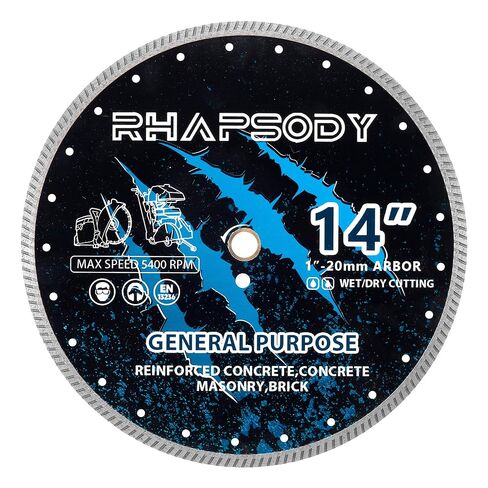 RHAPSODY 12 بوصة شفرة منشار الماس، حافة توربو مستمرة شفرة للأغراض العامة قطع الخرسانة الجافة/الرطبة، الخرسانة المسلحة، البناء، الطوب، الكتلة، الحجر 7/8"-5/8" أربور in Kuwait