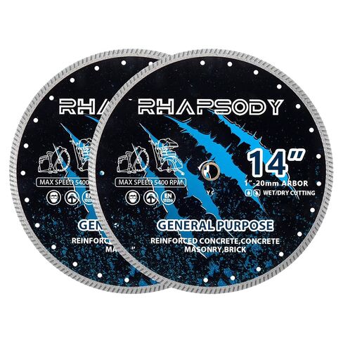 RHAPSODY 12 بوصة شفرة منشار الماس، حافة توربو مستمرة شفرة للأغراض العامة قطع الخرسانة الجافة/الرطبة، الخرسانة المسلحة، البناء، الطوب، الكتلة، الحجر 7/8"-5/8" أربور in Kuwait