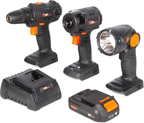 WEN 20V Max Cordless Drill, Brushless Compact Impact Driver, and LED Work Light/Flashlight Combo Kit with 2Ah Battery and Charger (20VK3DDL) in Kuwait