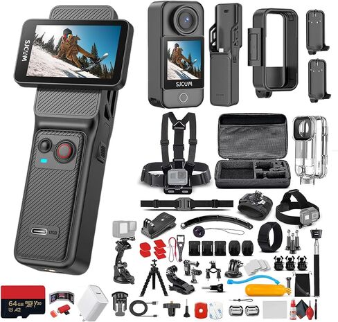 SJCAM C400 3-in-1 Handheld Action Camera | Compact Multi-Mode Vlogging Cam with Built-in Grip & Touchscreen Controls | Waterproof Mini Camera for Travel (C400) + 50-in-1 Action kit + 64GB Card + More in Saudi Arabia
