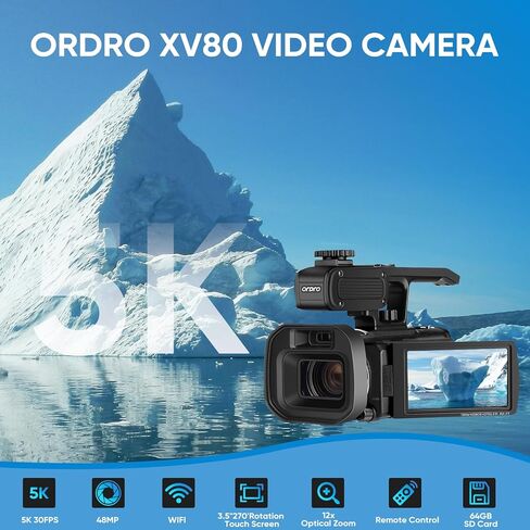 ORDRO Video Camera Camcorder with 12X Optical Zoom-5K 30FPS Camcorder 48MP Photo, Vlog Camera with Handheld Stabilizer & Lens Hood 3.5" Touch Screen for Photography YouTube in Saudi Arabia