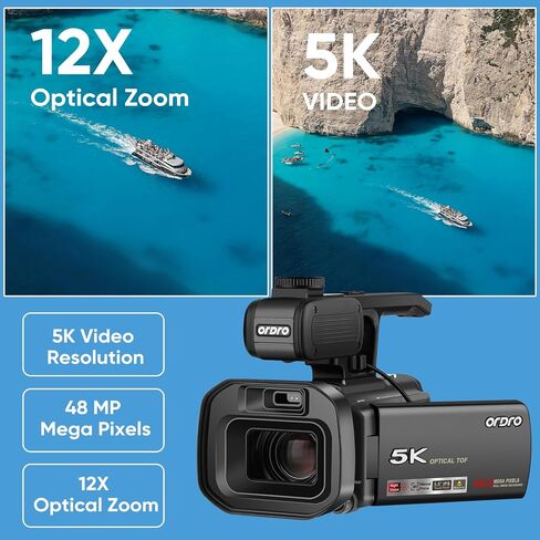 ORDRO Video Camera Camcorder with 12X Optical Zoom-5K 30FPS Camcorder 48MP Photo, Vlog Camera with Handheld Stabilizer & Lens Hood 3.5" Touch Screen for Photography YouTube in Saudi Arabia