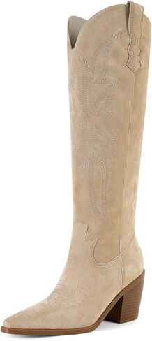 Sovanyou Cowgirl Boots Knee High Cowboy Boots for Women Classic Prow-On Western Boot مدبب بإصبع إصبع القدم الكعب طويل القامة in Kuwait