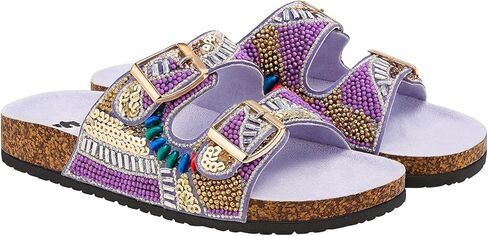 Women's Beaded Slide Sandals with Buckle Straps | Handmade Sequin Embellished Slip-On Sandals | Cork Sole Open Toe Flats | Lightweight Summer Slides for Casual, Travel, Beach, or Lounge Wear in Saudi Arabia