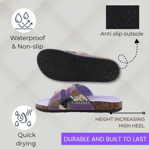Women's Beaded Slide Sandals with Buckle Straps | Handmade Sequin Embellished Slip-On Sandals | Cork Sole Open Toe Flats | Lightweight Summer Slides for Casual, Travel, Beach, or Lounge Wear in Saudi Arabia