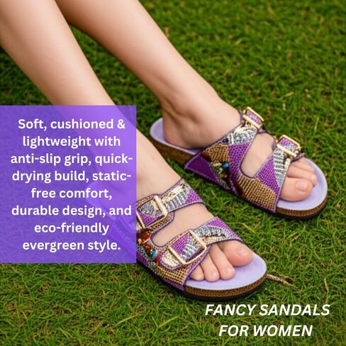 Women's Beaded Slide Sandals with Buckle Straps | Handmade Sequin Embellished Slip-On Sandals | Cork Sole Open Toe Flats | Lightweight Summer Slides for Casual, Travel, Beach, or Lounge Wear in Saudi Arabia