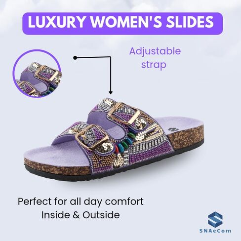 Women's Beaded Slide Sandals with Buckle Straps | Handmade Sequin Embellished Slip-On Sandals | Cork Sole Open Toe Flats | Lightweight Summer Slides for Casual, Travel, Beach, or Lounge Wear in Saudi Arabia