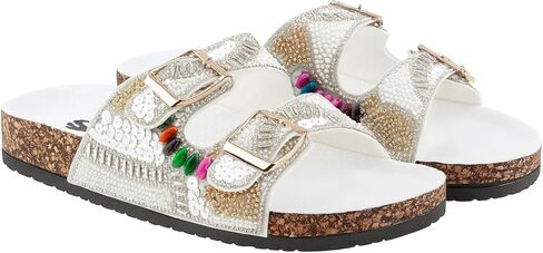 Women's Beaded Slide Sandals with Buckle Straps | Handmade Sequin Embellished Slip-On Sandals | Cork Sole Open Toe Flats | Lightweight Summer Slides for Casual, Travel, Beach, or Lounge Wear in Saudi Arabia