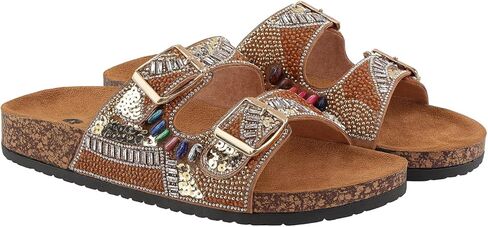 Women's Beaded Slide Sandals with Buckle Straps | Handmade Sequin Embellished Slip-On Sandals | Cork Sole Open Toe Flats | Lightweight Summer Slides for Casual, Travel, Beach, or Lounge Wear in Saudi Arabia