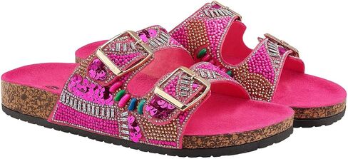 Women's Beaded Slide Sandals with Buckle Straps | Handmade Sequin Embellished Slip-On Sandals | Cork Sole Open Toe Flats | Lightweight Summer Slides for Casual, Travel, Beach, or Lounge Wear in Saudi Arabia