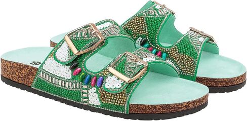 Women's Beaded Slide Sandals with Buckle Straps | Handmade Sequin Embellished Slip-On Sandals | Cork Sole Open Toe Flats | Lightweight Summer Slides for Casual, Travel, Beach, or Lounge Wear in Saudi Arabia