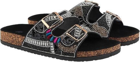 Women's Beaded Slide Sandals with Buckle Straps | Handmade Sequin Embellished Slip-On Sandals | Cork Sole Open Toe Flats | Lightweight Summer Slides for Casual, Travel, Beach, or Lounge Wear in Saudi Arabia