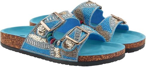 Women's Beaded Slide Sandals with Buckle Straps | Handmade Sequin Embellished Slip-On Sandals | Cork Sole Open Toe Flats | Lightweight Summer Slides for Casual, Travel, Beach, or Lounge Wear in Saudi Arabia
