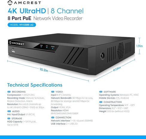 نظام كاميرا أمان Amcrest 4K، 4K 8CH PoE NVR، (4) × 8 ميجابكسل كاميرات IP POE IP (IP8M-2779EW-AI)، رادع نشط، محرك أقراص ثابتة 2 تيرابايت مثبت مسبقًا، NV4108E-2779EW4-2TB (أبيض) in Kuwait