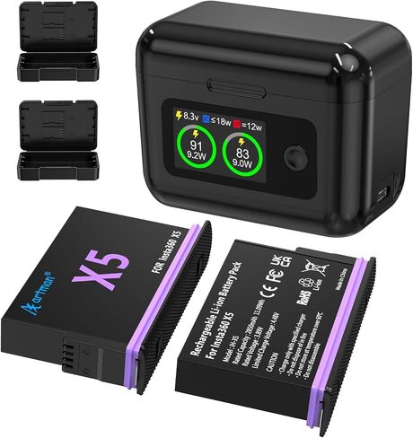 بطارية Artman Insta 360 X5، شاحن مزدوج السرعة مع شاشة LCD، محمول ومع فتحات بطاقة Micro SD، يعرض البطاريات SOC (بطارية * 2، شاحن * 1) in Saudi Arabia