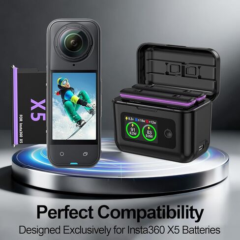 بطارية Artman Insta 360 X5، شاحن مزدوج السرعة مع شاشة LCD، محمول ومع فتحات بطاقة Micro SD، يعرض البطاريات SOC (بطارية * 2، شاحن * 1) in Saudi Arabia