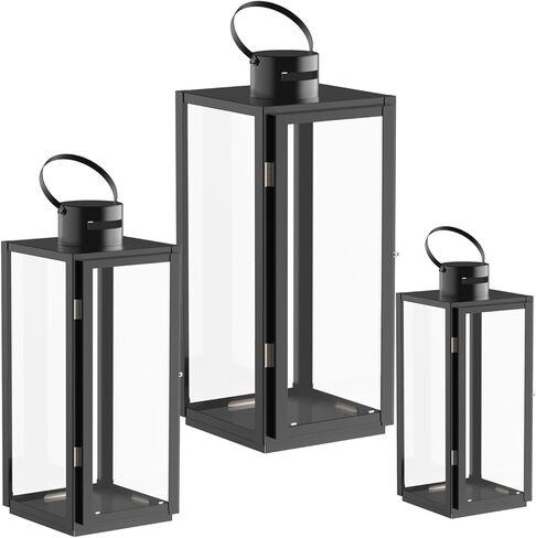 Matico Stainless Decorative Candle Lantern Set of 3, Hanging Decor Hurricane Lantern Candle Holder for Festival Ceremony Home Decor, Both Indoor & Outdoor Use, Black in Saudi Arabia