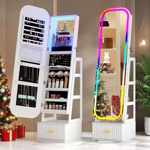 360°Swivel jewelry organizer with Full Length Mirror with Lights,Jewelry Armoires Cabinet Standing with Drawer,Large Mirror Storage for Jewelry and Makeup（White） in Saudi Arabia