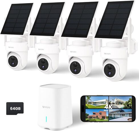 كاميرات مراقبة لاسلكية في الهواء الطلق، كاميرات شمسية 4K لأمن المنزل مع محطة قاعدة، تغطية واي فاي تصل إلى 300 متر، بطاقة TF سعة 64 جيجابايت، بدون اشتراك، تتبع تلقائي 360 درجة، 5G و2.4G WiFi، طقم كاميرا 2 in Kuwait