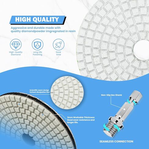 4 Inch Diamond Polishing Pads 50-3000 Grit, Wet/Dry for Granite Concrete Marble Quartz Stone - Use with Polisher Grinder Drill, Includes Multi-Color Hook & Loop Backup Pads in Saudi Arabia