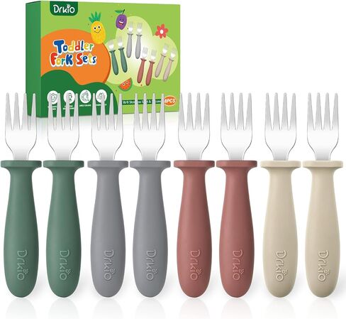 DRKIO 8 Pieces Toddler Forks Set - Baby Forks with Silicone Handle Children safe 18/8 Stainless Steel Toddler Utensils Set for Self Feeding Kids Silverware Anti-Choke Design Food Grade Dishwasher Safe in Kuwait