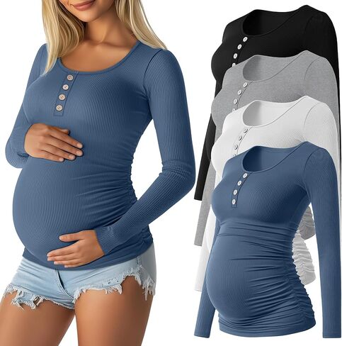 4 Pack Maternity Long Sleeve Shirts | Pregnancy Tops, Ribbed, 92% Cotton, Scoop Neck, Henley Neck, Side Ruched, Mama Clothes, Breathable, Soft, Winter, 2026 in Saudi Arabia
