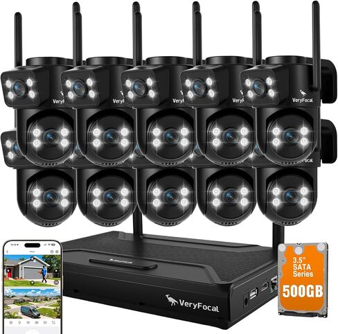 [كاميرا 2 في 1] نظام كاميرا أمان لاسلكية VeryFocal 10CH 20 عرض للمنزل، شبكة WiFi 6 طويلة المدى، 10x كاميرا CCTV مزدوجة العدسة، 10CH 4K NVR، مراقبة 24/7، تخزين مجاني لمدة 20 يومًا بسعة 500 جيجابايت، بدون رسوم شهرية in Kuwait