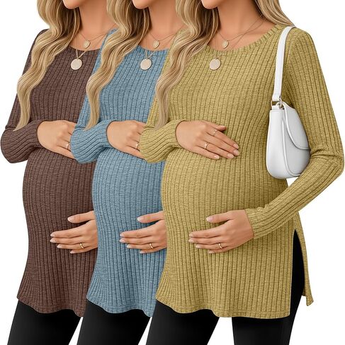 Ficerd 3 حزمة قمصان الأمومة النسائية ، والأكمام طويلة الأكمام سبيوب الحمل مضلعة مغرفة رقبة الجانبية الجانبية متماسكة tee mama الملابس in Saudi Arabia