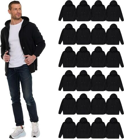 BILLIONHATS 24 Pack Adult Zippered Hoodies For Men & Women - Classic Fit Unisex Hoodie Sweatshirt in Bulk, Black Color, ASSORTED SIZES - Ideal For Homeless Shelter Donations Events in Saudi Arabia